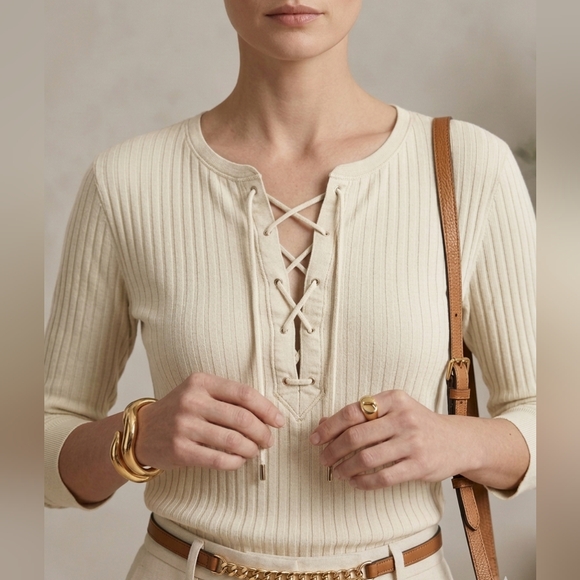 Ralph Lauren Tops - Lauren Ralph Lauren Ivory Ribbed Lace-Up Henley Top XL 100% Cotton